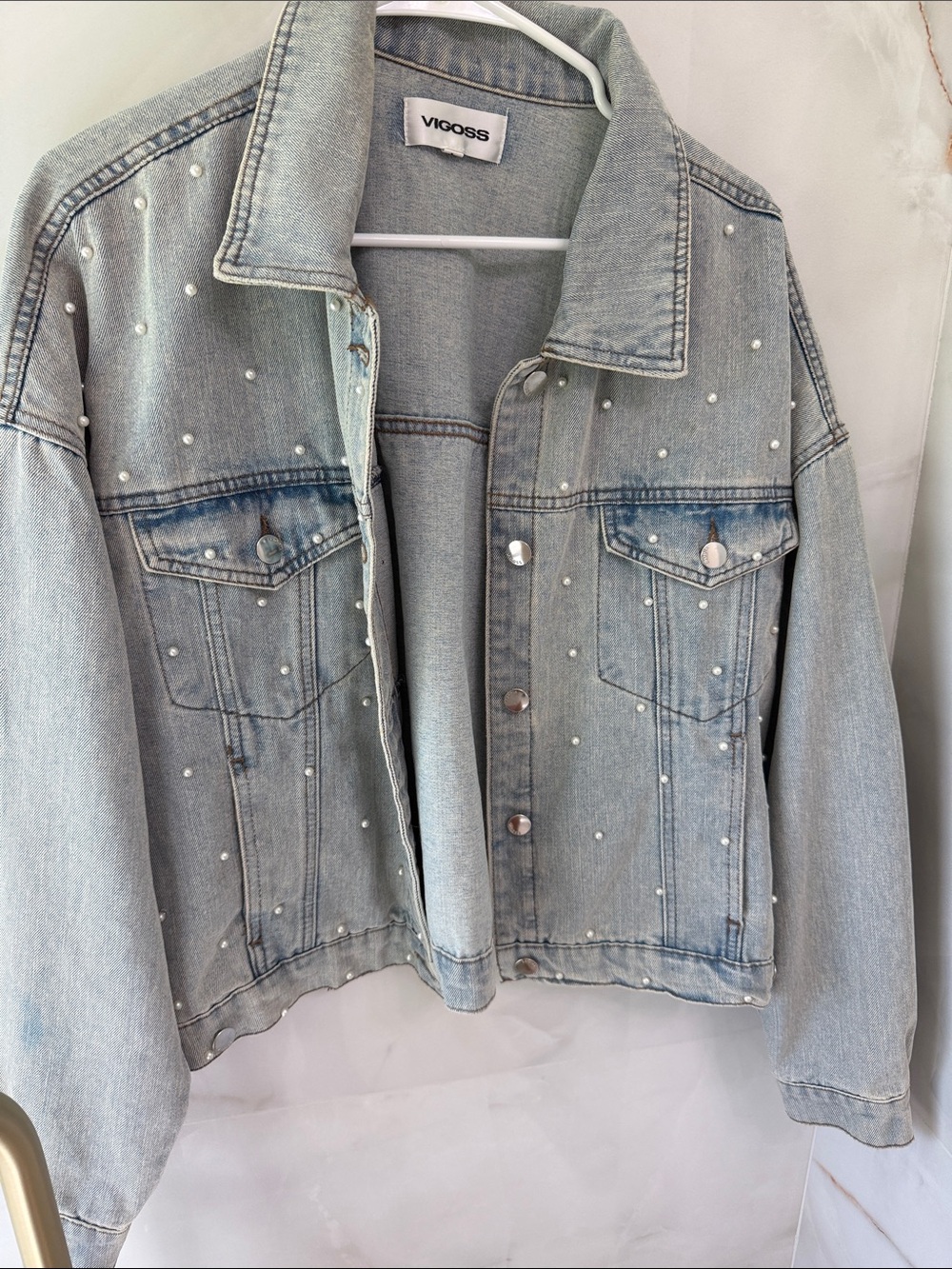Vigoss Pearl-Embellished Light Blue Denim Jacket